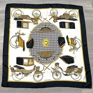Hermes Les Voitures A Transformation Black and Gold Carriages Silk Scarf